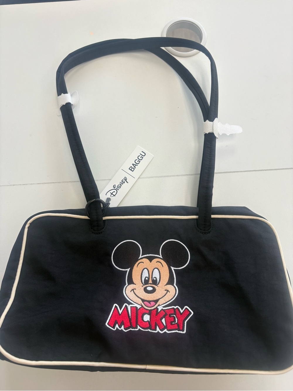 BAGGU Black Tote with Mickey Embroidery and Cream Piping